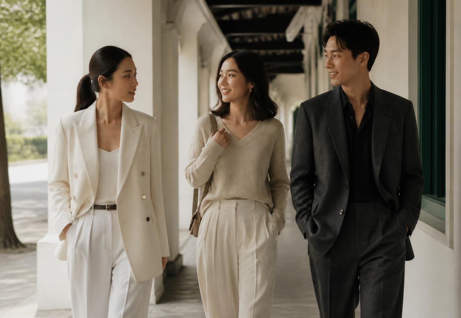 Three friends in neutral EveryWear pieces walking along a Singapore arcade