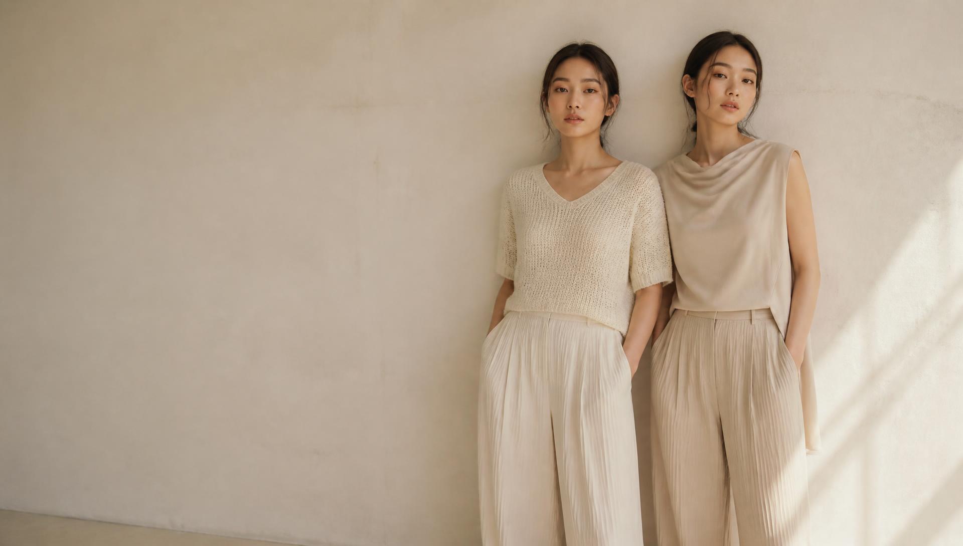 Two models in soft K-Fashion knitwear and pleated wide-leg pants