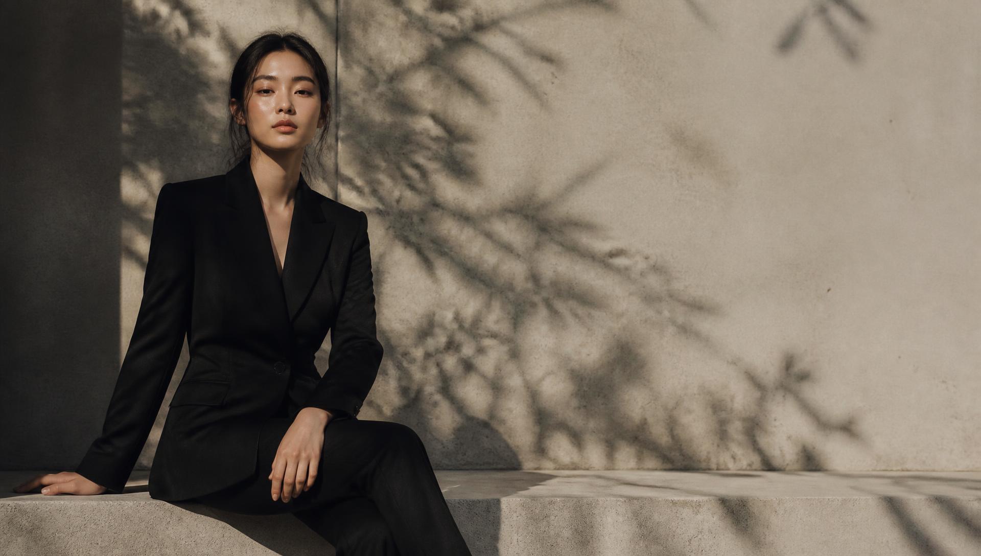 Model in a black tailored suit seated on a concrete bench
