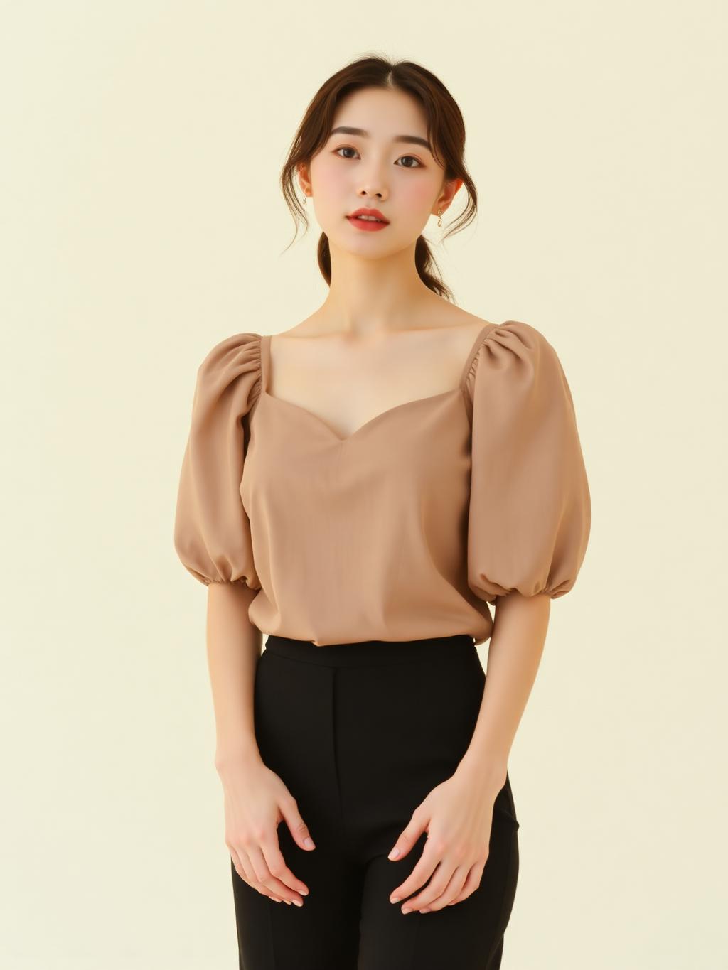 Sweetheart Puff Sleeve Top in Taupe — K-Fashion